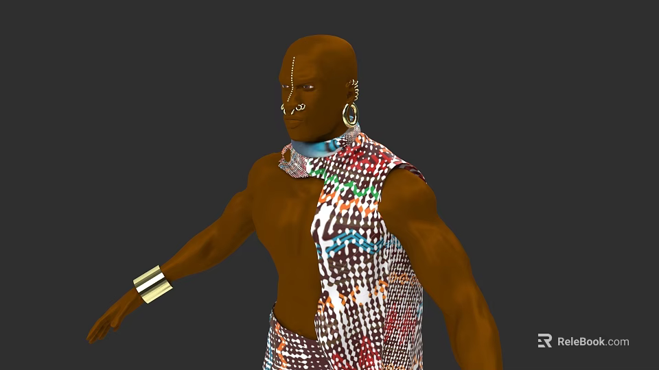 A Man With Dark Skin Bald Forehead Mark Nose Ring Earrings And Colorful Patterned Outfit 3d model 