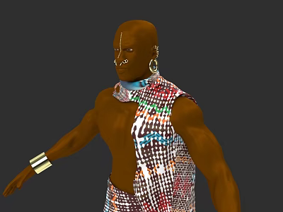 A Man With Dark Skin Bald Forehead Mark Nose Ring Earrings And Colorful Patterned Outfit 3d model