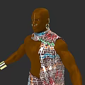 A Man With Dark Skin Bald Forehead Mark Nose Ring Earrings And Colorful Patterned Outfit