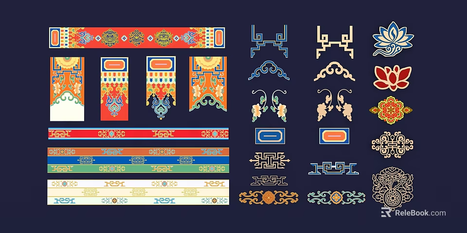Various Traditional Carvings with Vibrant Colors and Ornamental Design Elements 3d model 