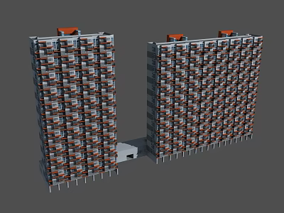 Two High Rise Residential Buildings With Red Rooftop Windows Balconies And Connected Structure 3d model