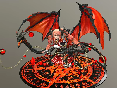Anime Style Girl Character Riding On Red And Black Dragon With Chains 3d model
