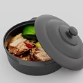 Black Cooking Pot As Kitchen Appliance With Open Lid Containing Meat Lime And Chili Ingredients