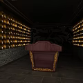 Traditional Chinese Entrance Featuring Red Door Golden Decor Lanterns Black Walls Yellow Patterns Checkered Floor