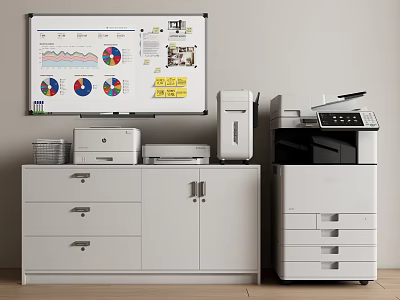 Office Appliances Setup with Printer Scanner Multifunction Device File Cabinet and Whiteboard Charts 3d model