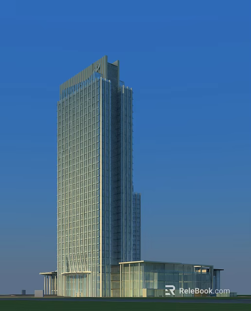 Modern Tall Office Building With Glass Curtain Wall And Blue Sky Background 3d model 
