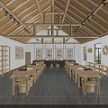 Modern Retail Shop Interior With Wooden Beam Ceiling White Display Counters Shelves And Hanging Lights