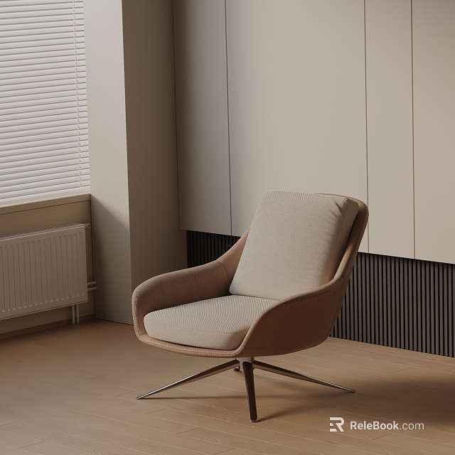 Modern Beige Upholstered Leisure Chair With Curved Back And Metal Cross Legs In Minimalist Interior 3d model 