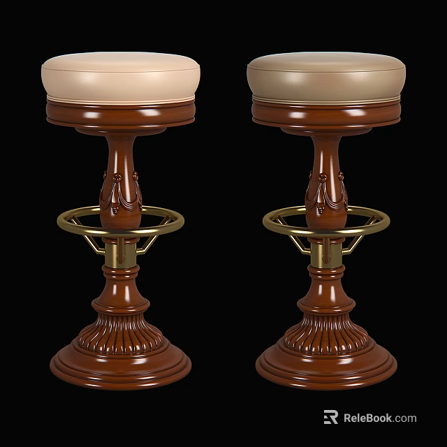 Classic Brown Wooden Bar Stools With Light Colored Seat Cushions And Gold Metal Rings 3d model 