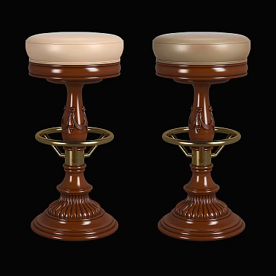Classic Brown Wooden Bar Stools With Light Colored Seat Cushions And Gold Metal Rings 3d model