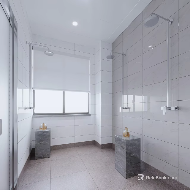 Modern Public Restroom Design With White Tile Walls Marble Washbasins Window And Glass Partitions 3d model 