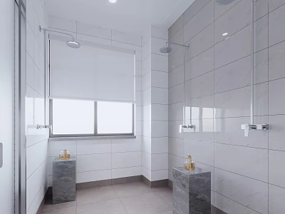 Modern Public Restroom Design With White Tile Walls Marble Washbasins Window And Glass Partitions 3d model