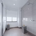 Modern Public Restroom Design With White Tile Walls Marble Washbasins Window And Glass Partitions