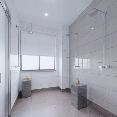 Modern Public Restroom Design With White Tile Walls Marble Washbasins Window And Glass Partitions 3d model