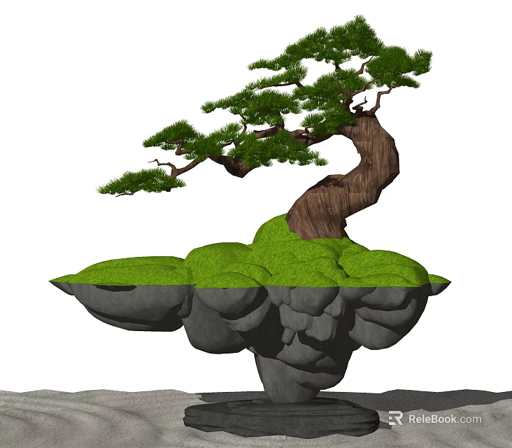 Unique Bonsai Tree With Curved Trunk Lush Green Foliage And Artistic Stone Base 3d model 