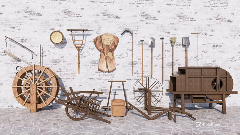 Rustic Garden Ornaments With Vintage Wooden Tools Hay Bundle And Wheelbarrow On White Brick Wall 3d model 