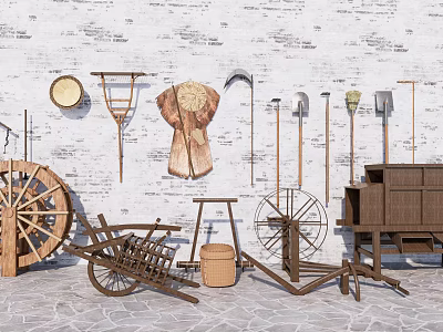Rustic Garden Ornaments With Vintage Wooden Tools Hay Bundle And Wheelbarrow On White Brick Wall 3d model