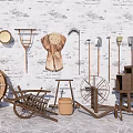 Rustic Garden Ornaments With Vintage Wooden Tools Hay Bundle And Wheelbarrow On White Brick Wall