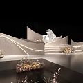 Luxurious Wedding Stage with Crystal Decorations Hanging Draperies Arched Backdrop Flower Arrangements and White Steps