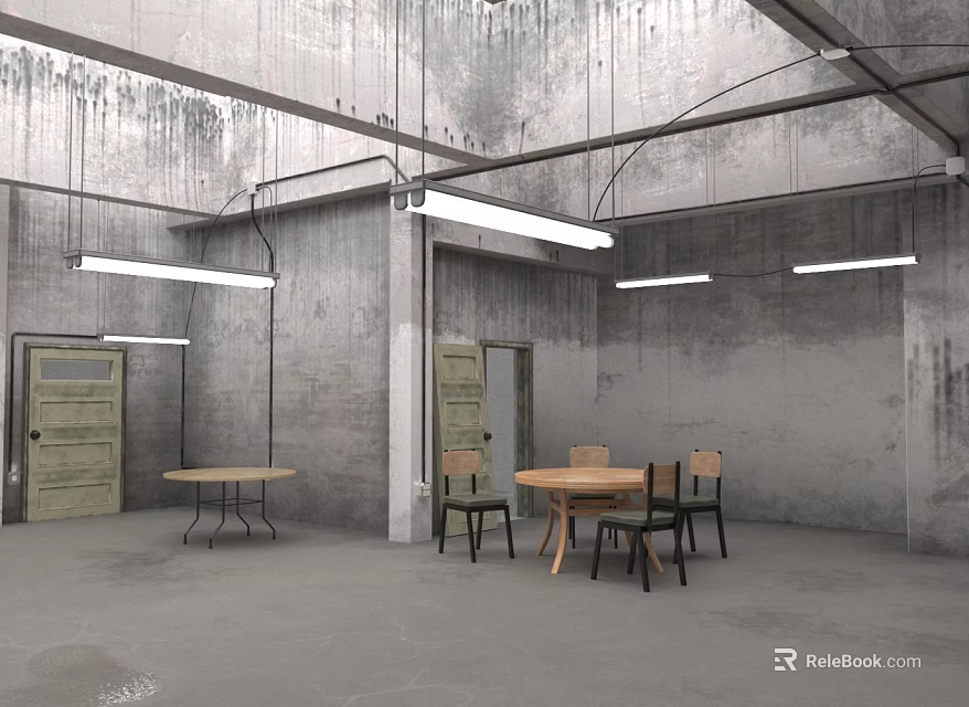 Industrial Hotel Mahjong Room With Concrete Walls Ceiling Long Strip Lights And Wooden Tables Chairs 3d model 
