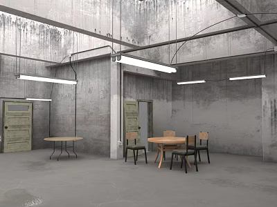 Industrial Hotel Mahjong Room With Concrete Walls Ceiling Long Strip Lights And Wooden Tables Chairs 3d model