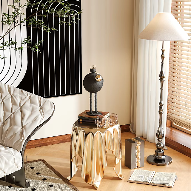 Elegant Gold Metal Side Table In Living Room With Globe Decor Books And Floor Lamp 3d model 
