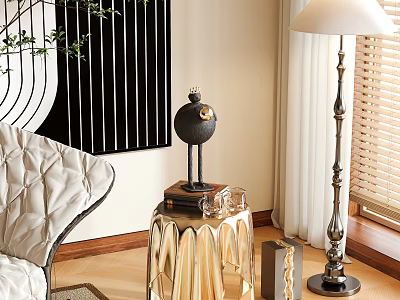 Elegant Gold Metal Side Table In Living Room With Globe Decor Books And Floor Lamp 3d model