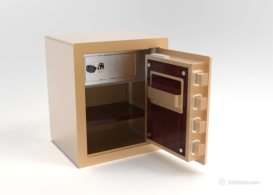 Commercial Safe With Golden Finish Open Door Internal Shelves And Digital Lock For Business Use 3d model 