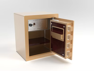 Commercial Safe With Golden Finish Open Door Internal Shelves And Digital Lock For Business Use 3d model