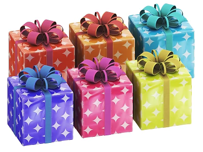 Colorful Decorative Ornament Set with Star Pattern Gift Boxes and Various Ribbon Bows 3d model