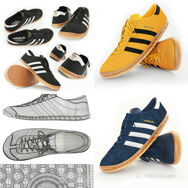 Yellow Blue Black Casual Sneakers With White Stripes And Gum Rubber Soles 3d model 