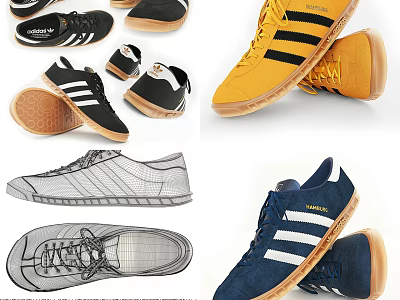 Yellow Blue Black Casual Sneakers With White Stripes And Gum Rubber Soles 3d model