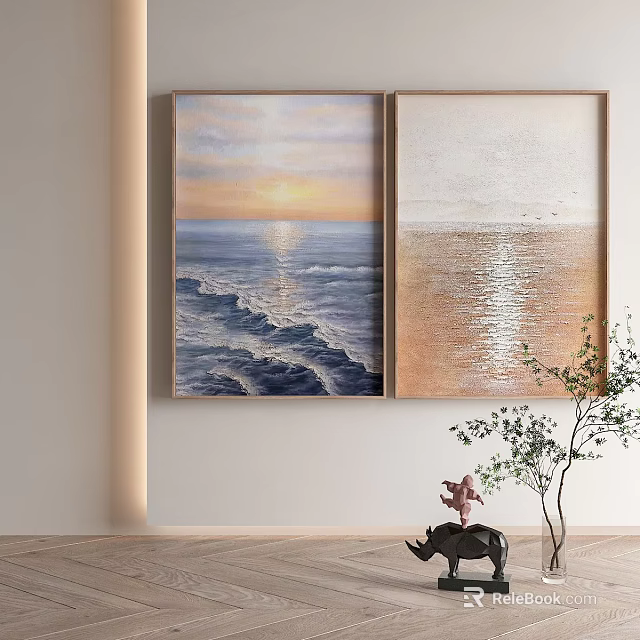 Two Panel Wall Art With Sea Sunset View And Seagulls For Home Decor 3d model