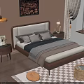 Double Bed with Upholstered Headboard Pillows Striped Bedding Nightstands and Wall Art in Warm Bedroom