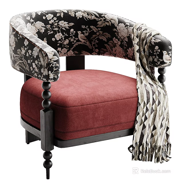 Elegant Accent Chair With Floral Patterned Arms Red Upholstered Seat Black Posts And Striped Throw 3d model 