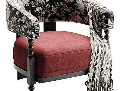 Elegant Accent Chair With Floral Patterned Arms Red Upholstered Seat Black Posts And Striped Throw 3d model