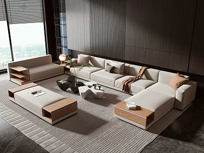 Modern Light Colored Sofa Coffee Table Set With Wooden Design And Living Room Rug 3d model