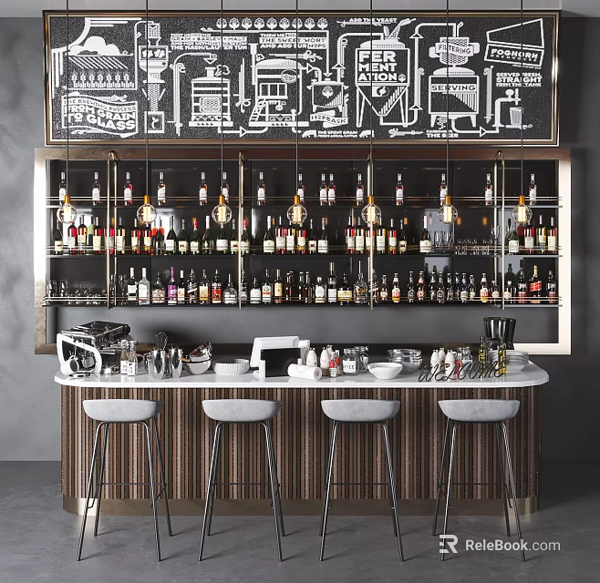 Modern Bar Counter Interior With Hanging Lights Wine Racks And Bar Stools 3d model 