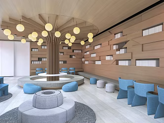 Modern Library Reading Room Decorative Column Decorative Bookshelf Casual Tables and Chairs 3d model