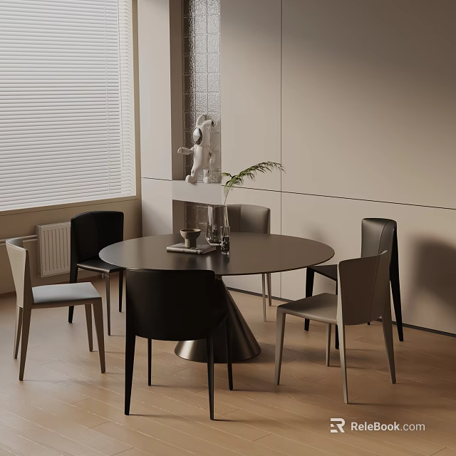 Modern Round Dining Set With Black Gray Chairs Green Plant Vase On Table Window Blinds 3d model 