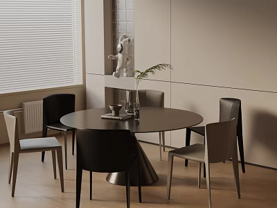 Modern Round Dining Set With Black Gray Chairs Green Plant Vase On Table Window Blinds 3d model