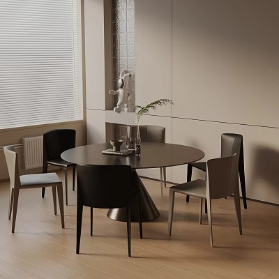 Modern Round Dining Set With Black Gray Chairs Green Plant Vase On Table Window Blinds 3d model