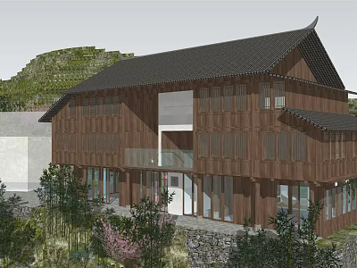 Traditional Chinese Villa With Black Roof And Wooden Exterior In Mountain Surroundings 3d model