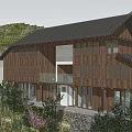Traditional Chinese Villa With Black Roof And Wooden Exterior In Mountain Surroundings