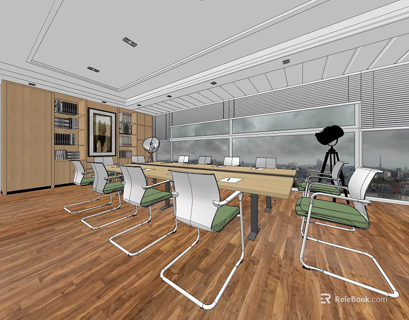 Modern Conference Room Interior With Long Wooden Table Green Chairs Large Windows And Wooden Flooring 3d model 
