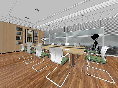 Modern Conference Room Interior With Long Wooden Table Green Chairs Large Windows And Wooden Flooring 3d model