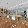 Modern Conference Room Interior With Long Wooden Table Green Chairs Large Windows And Wooden Flooring