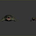 Green Crocodile with Open Mouth and Small Lizard with Long Tongue on Gray Background