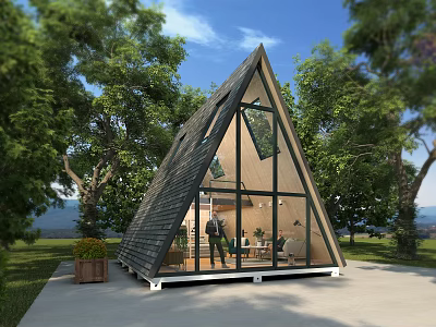 A Frame Guesthouse Architecture Surrounded by Green Trees With Large Glass Windows and Modern Interior 3d model