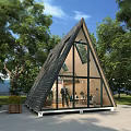 A Frame Guesthouse Architecture Surrounded by Green Trees With Large Glass Windows and Modern Interior